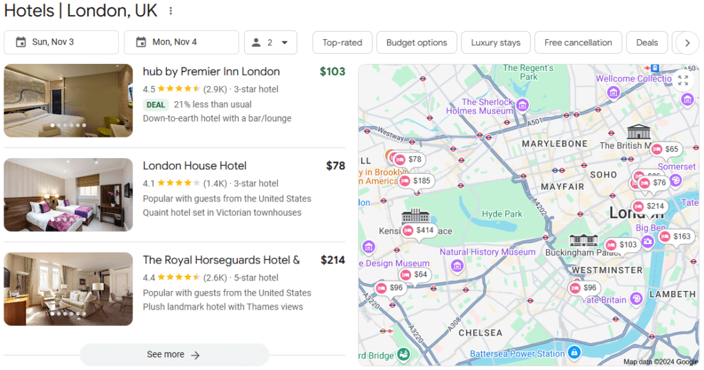 Google search results for Hotels in London