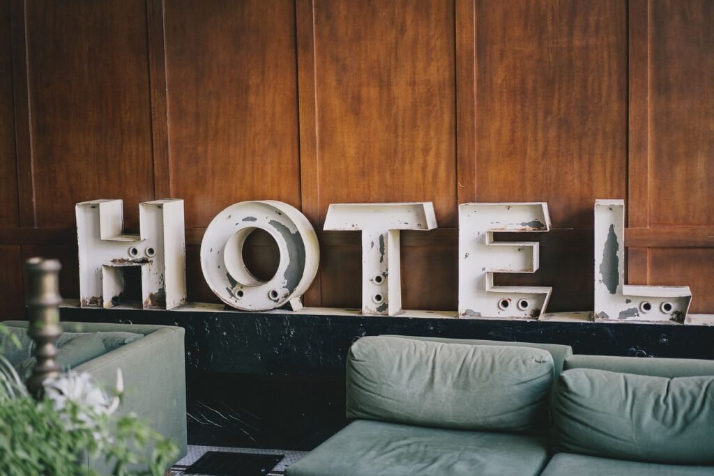 hotel word sign in a hotel lobby for an article about hotel seo