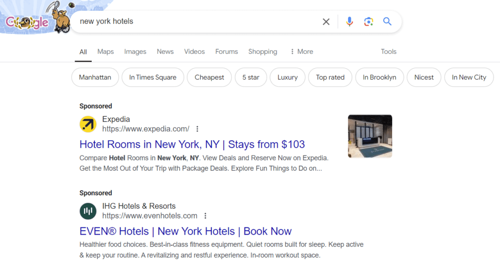 Hotel search result in Google with ads