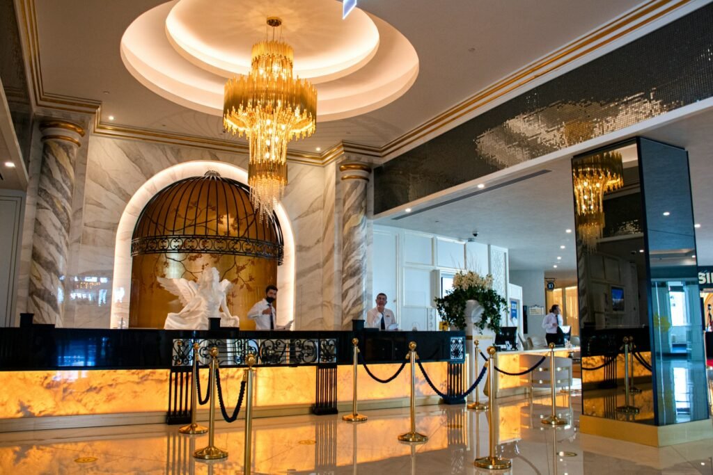 Hotel lobby with view of front desk to book your hotel stay