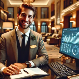 Hotel concierge happily utilizing guest data to improve his services