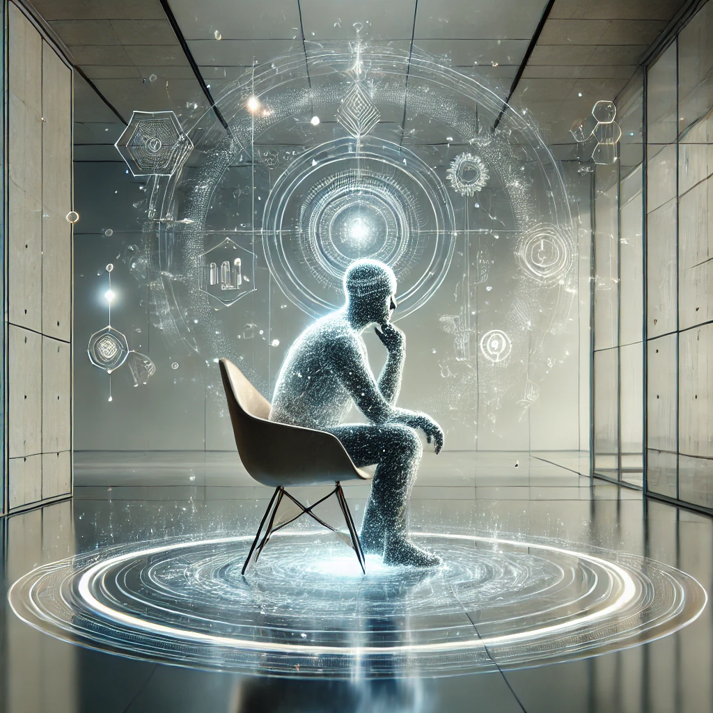 a futuristic version of the thinking man sitting in a chair contemplating the future of a CMS platform